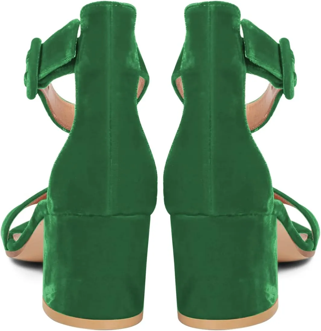 XYD Women Girls Velvet Open Toe Strappy Mid Block Heel Sandal Pumps Ankle Strap with Buckle Summer Daily Dress Shoes