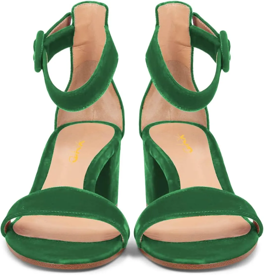 XYD Women Girls Velvet Open Toe Strappy Mid Block Heel Sandal Pumps Ankle Strap with Buckle Summer Daily Dress Shoes