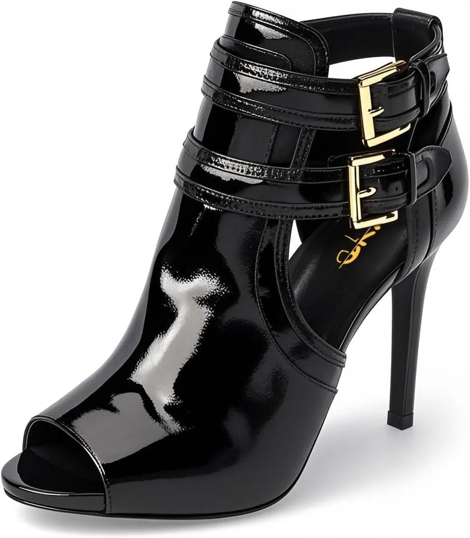 XYD Women Peep Toe Sandal Ankle Booties Dual Buckled Straps Stiletto Heels Stylish Cutout Event Party Pumps Shoes