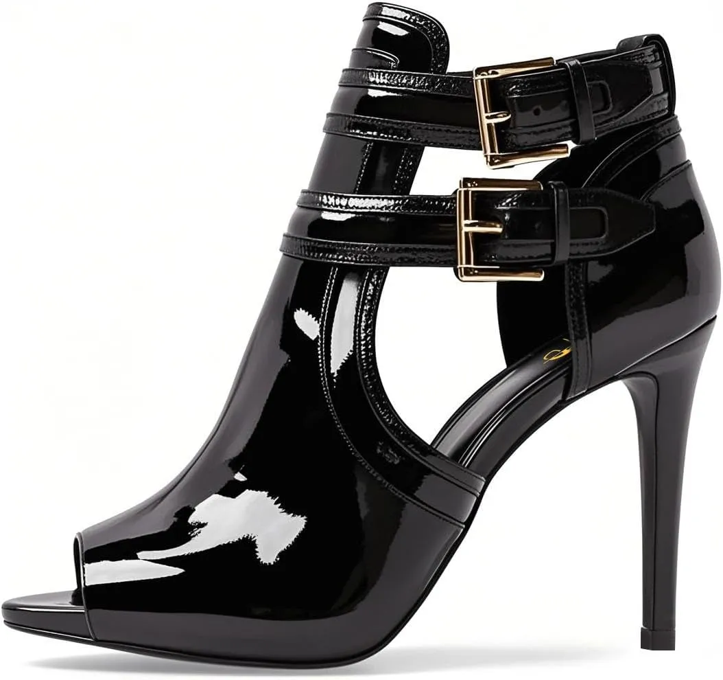 XYD Women Peep Toe Sandal Ankle Booties Dual Buckled Straps Stiletto Heels Stylish Cutout Event Party Pumps Shoes