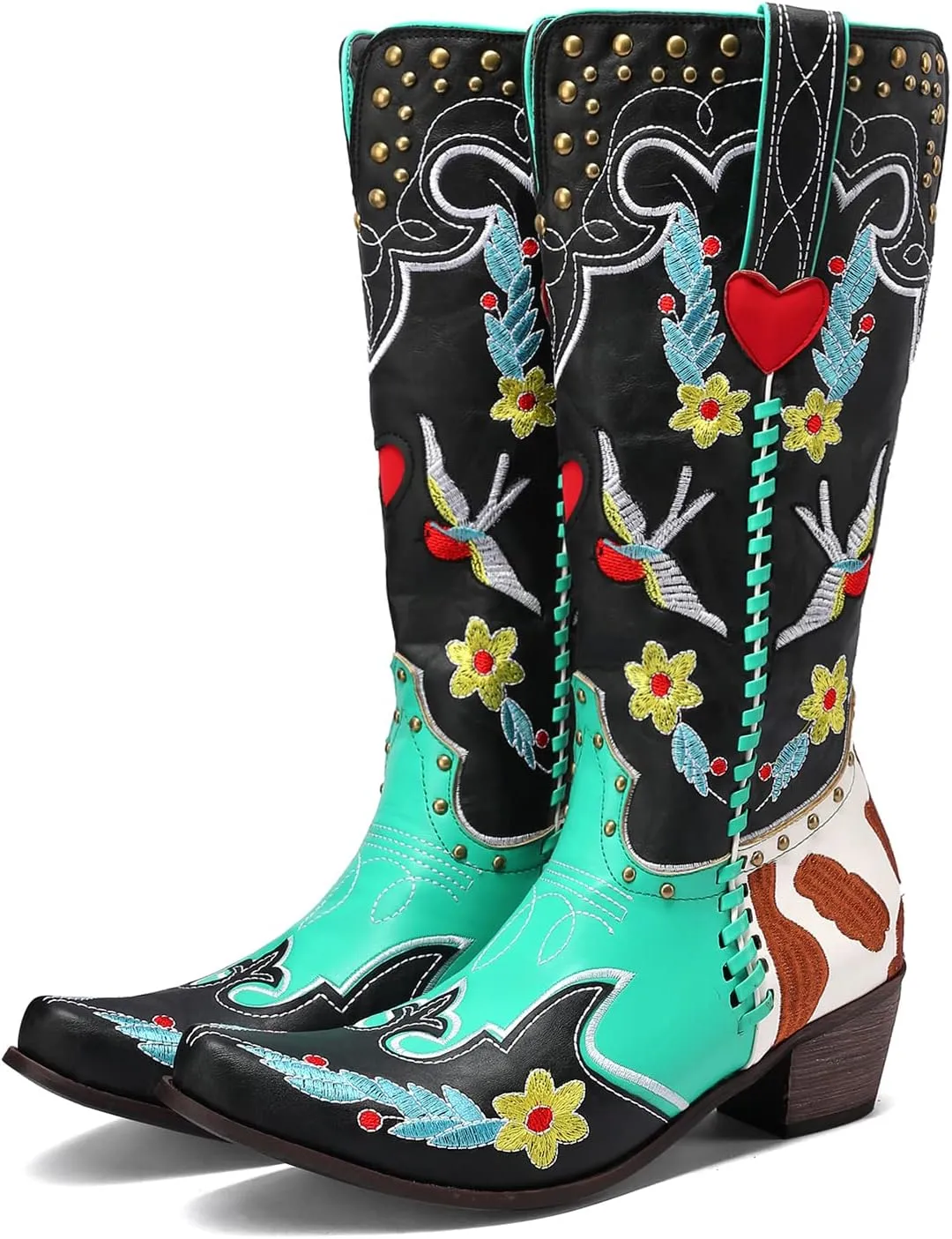 YIYA Women's Star Cowboy Boots Black and White Cowgirl Boots with White Stars Pointed Toe Chunky Low Heel Pull-On Wide Calf Western Embroidered Boots
