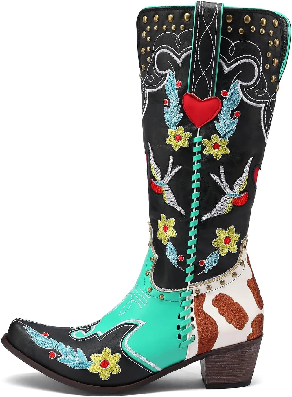 YIYA Women's Star Cowboy Boots Black and White Cowgirl Boots with White Stars Pointed Toe Chunky Low Heel Pull-On Wide Calf Western Embroidered Boots