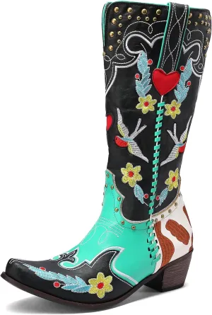 YIYA Women's Star Cowboy Boots Black and White Cowgirl Boots with White Stars Pointed Toe Chunky Low Heel Pull-On Wide Calf Western Embroidered Boots