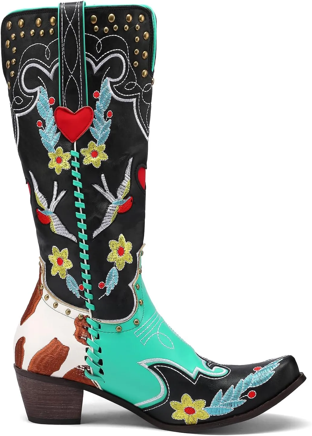 YIYA Women's Star Cowboy Boots Black and White Cowgirl Boots with White Stars Pointed Toe Chunky Low Heel Pull-On Wide Calf Western Embroidered Boots