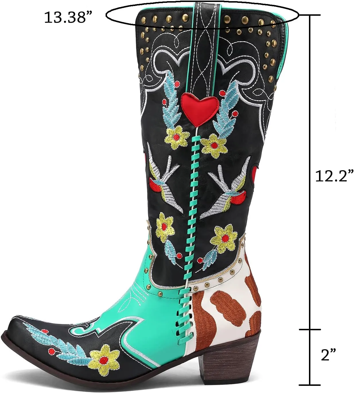 YIYA Women's Star Cowboy Boots Black and White Cowgirl Boots with White Stars Pointed Toe Chunky Low Heel Pull-On Wide Calf Western Embroidered Boots