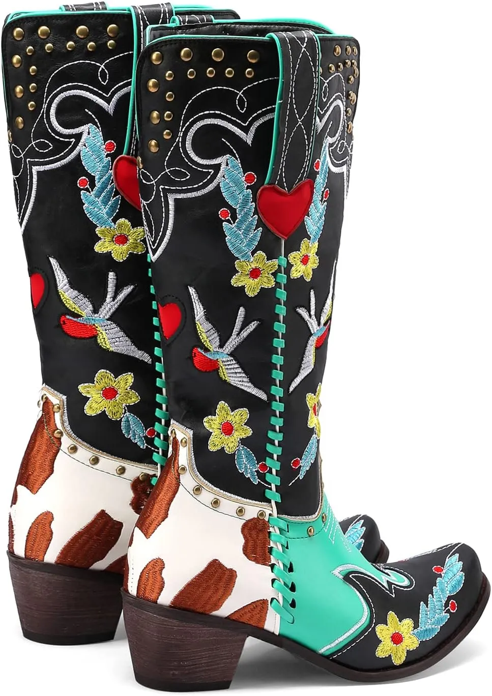 YIYA Women's Star Cowboy Boots Black and White Cowgirl Boots with White Stars Pointed Toe Chunky Low Heel Pull-On Wide Calf Western Embroidered Boots