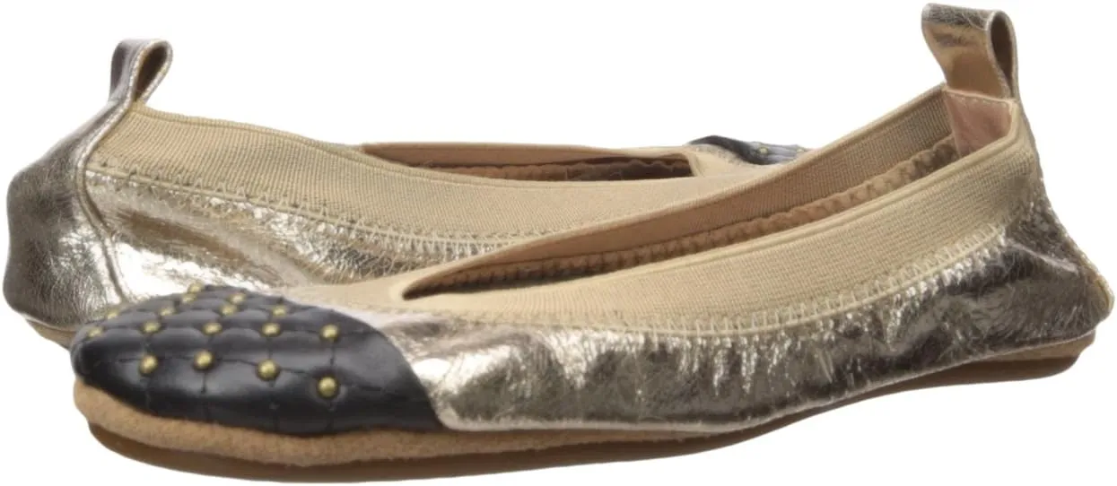 Yosi Samra Kid's Quilted Studded Cap Toe Flat, Bronze/Black