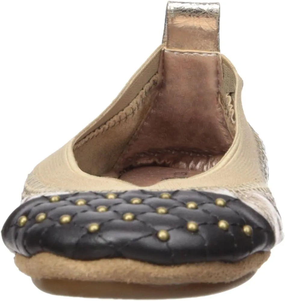 Yosi Samra Kid's Quilted Studded Cap Toe Flat, Bronze/Black