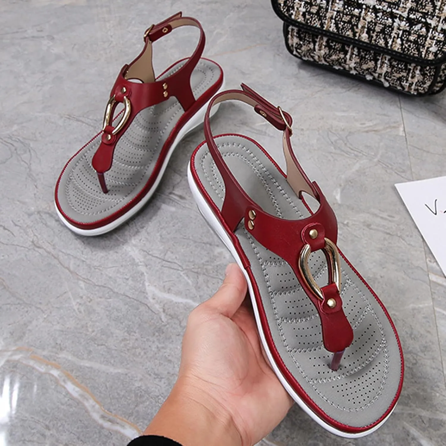 YTINGNICE Women's Supportive Sandals,Ankle Strap Thong Elastic Flat Sandals for Women,Summer Soft Footbed Orthopedic Sandals