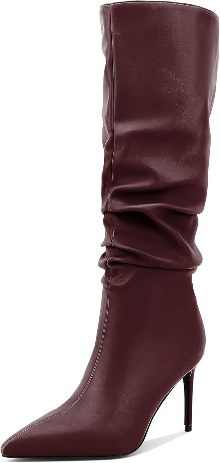 Zamikoo Slouchy High Heel Boots for Women, Knee High Stiletto Heel Boots, Pointed Toe Slouch Stretch Tall Boots Pull On 3.5 Inches