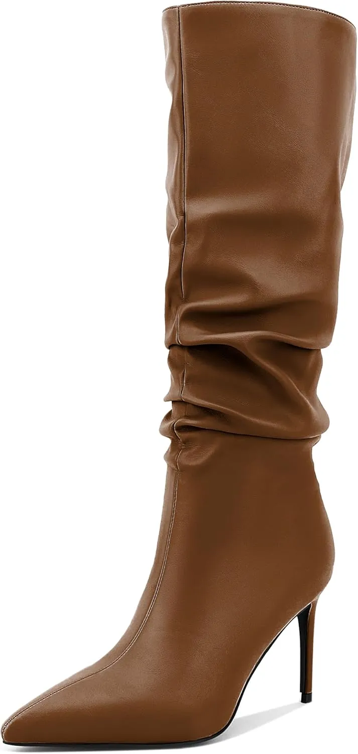 Zamikoo Slouchy High Heel Boots for Women, Knee High Stiletto Heel Boots, Pointed Toe Slouch Stretch Tall Boots Pull On 3.5 Inches