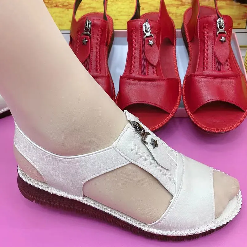 Zipper Flat Soft Leather And Sole Comfort Sandals