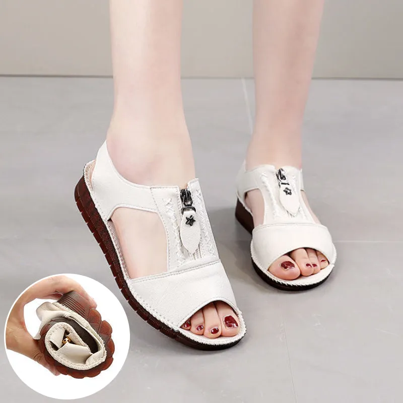 Zipper Flat Soft Leather And Sole Comfort Sandals