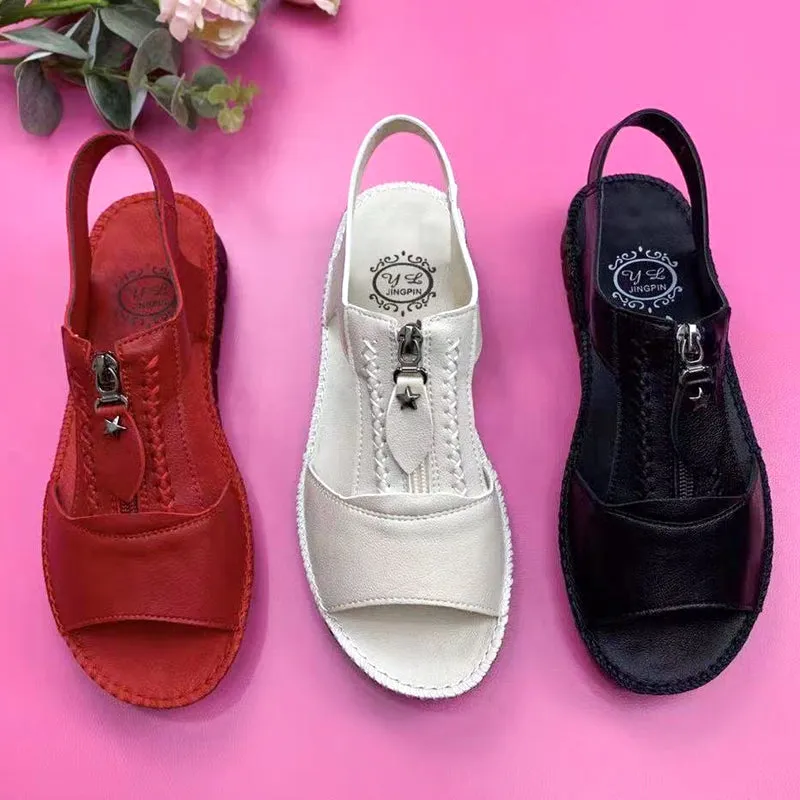 Zipper Flat Soft Leather And Sole Comfort Sandals