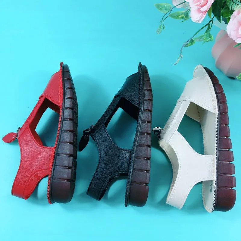Zipper Flat Soft Leather And Sole Comfort Sandals