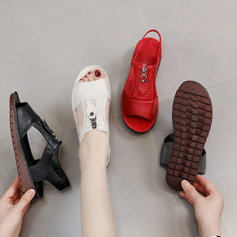 Zipper Flat Soft Leather And Sole Comfort Sandals