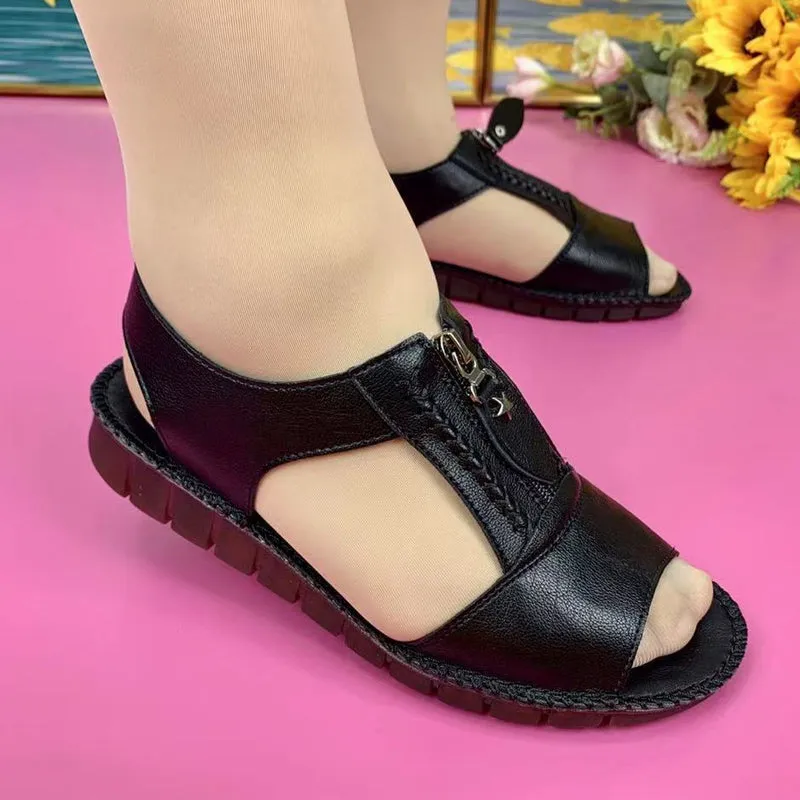 Zipper Flat Soft Leather And Sole Comfort Sandals